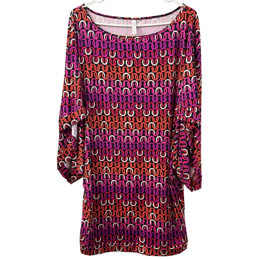 Trina Turk Geometric Link Print Split Sleeve Swimsuit Cover-Up Dress Pink Orange